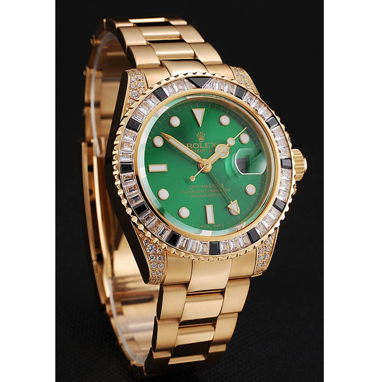 MiroTime 0724 Swiss Rolex GMT Master II Green Dial Stone Set Bezel Gold Case And Bracelet 1453748